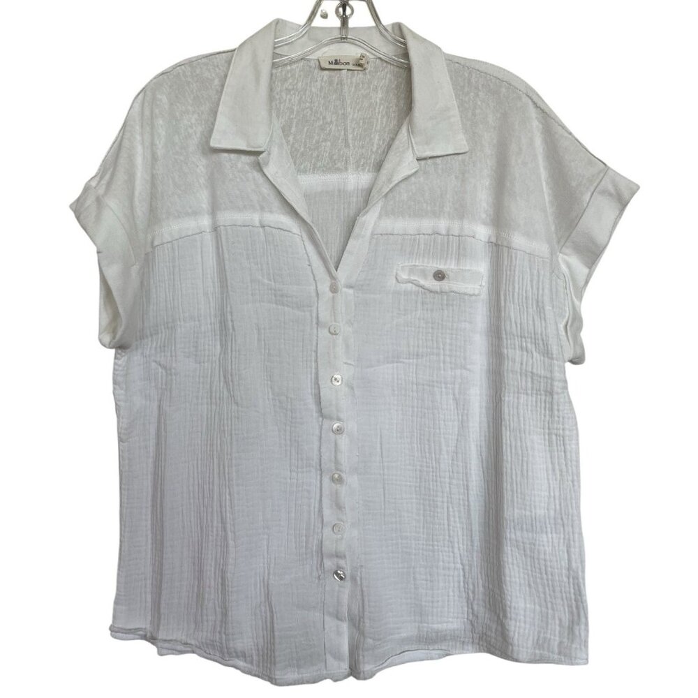 Millibon Blouse Top Womens Size Small S Gauze White Button Short Sleeve